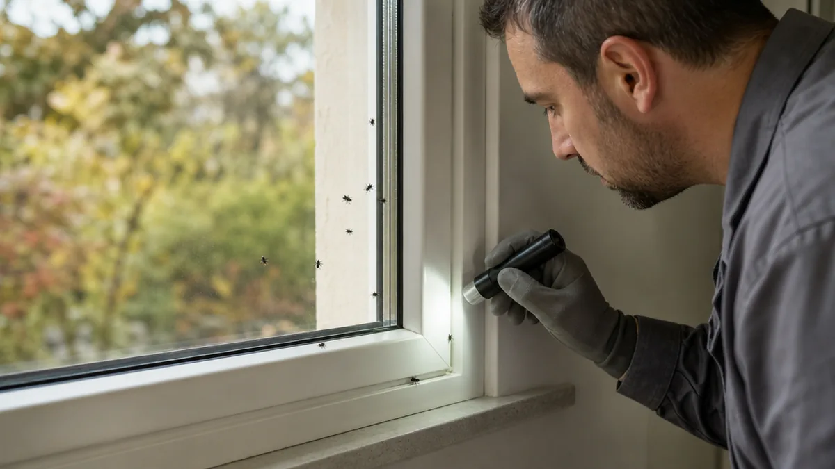 Técnico inspeccionando moscas agrupadas en una ventana de una vivienda de Llinars del Vallès