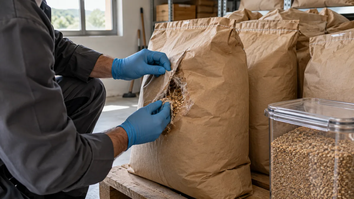 Técnico inspeccionando un saco de pienso por indicios de polillas en un almacén de Llinars del Vallès